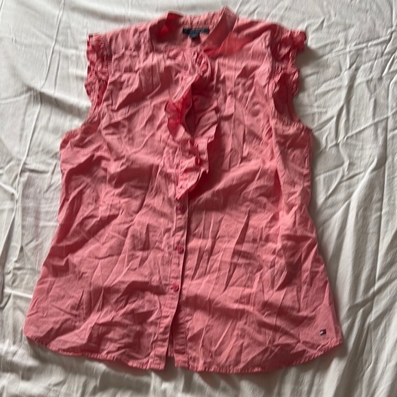 Tommy Hilfiger Pink Ruffle Blouse | 100% Cotton Sleeveless Button-Up | Size M - Picture 1 of 7